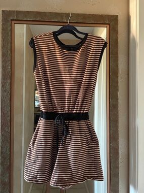 Striped Sleeveless Romper in Brown & White with Black Trim